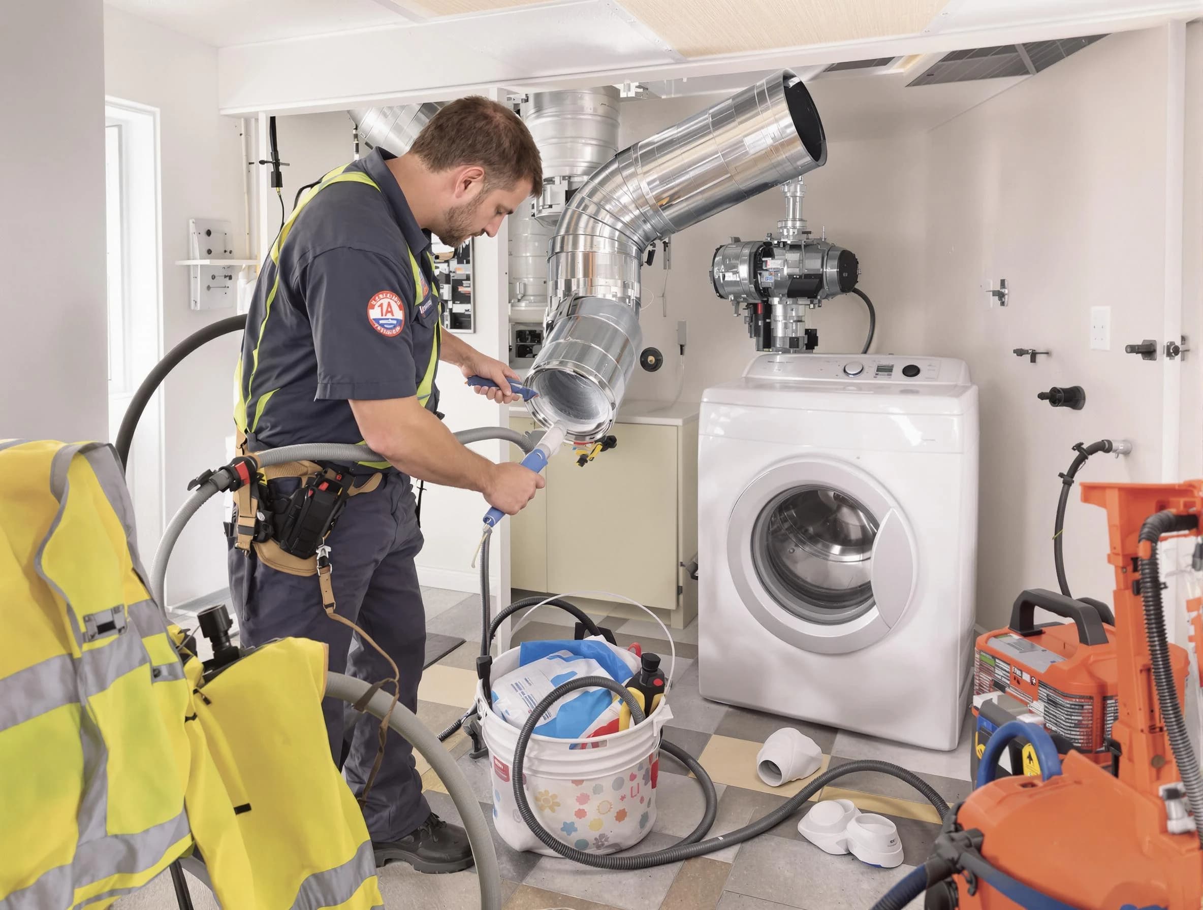 Gold Canyon Dryer Vent Cleaning technician using specialized equipment to clear severe dryer vent blockage in Gold Canyon