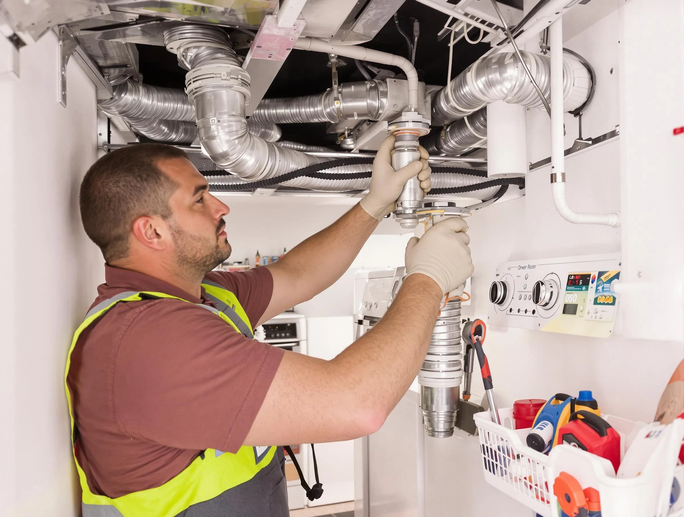 Gold Canyon Dryer Vent Cleaning expert performing both repair and installation work on a dryer vent system in Gold Canyon