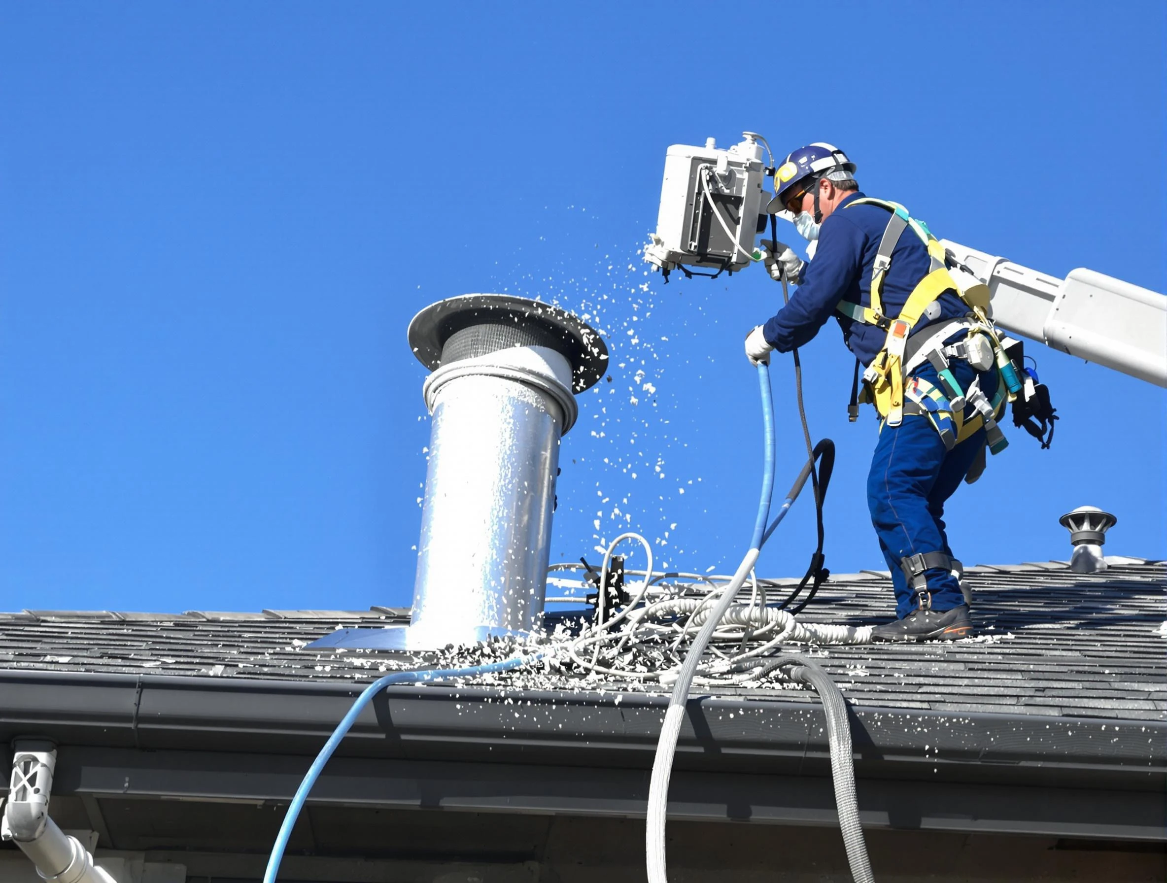Gold Canyon Dryer Vent Cleaning certified technician safely cleaning a roof-mounted dryer vent in Gold Canyon